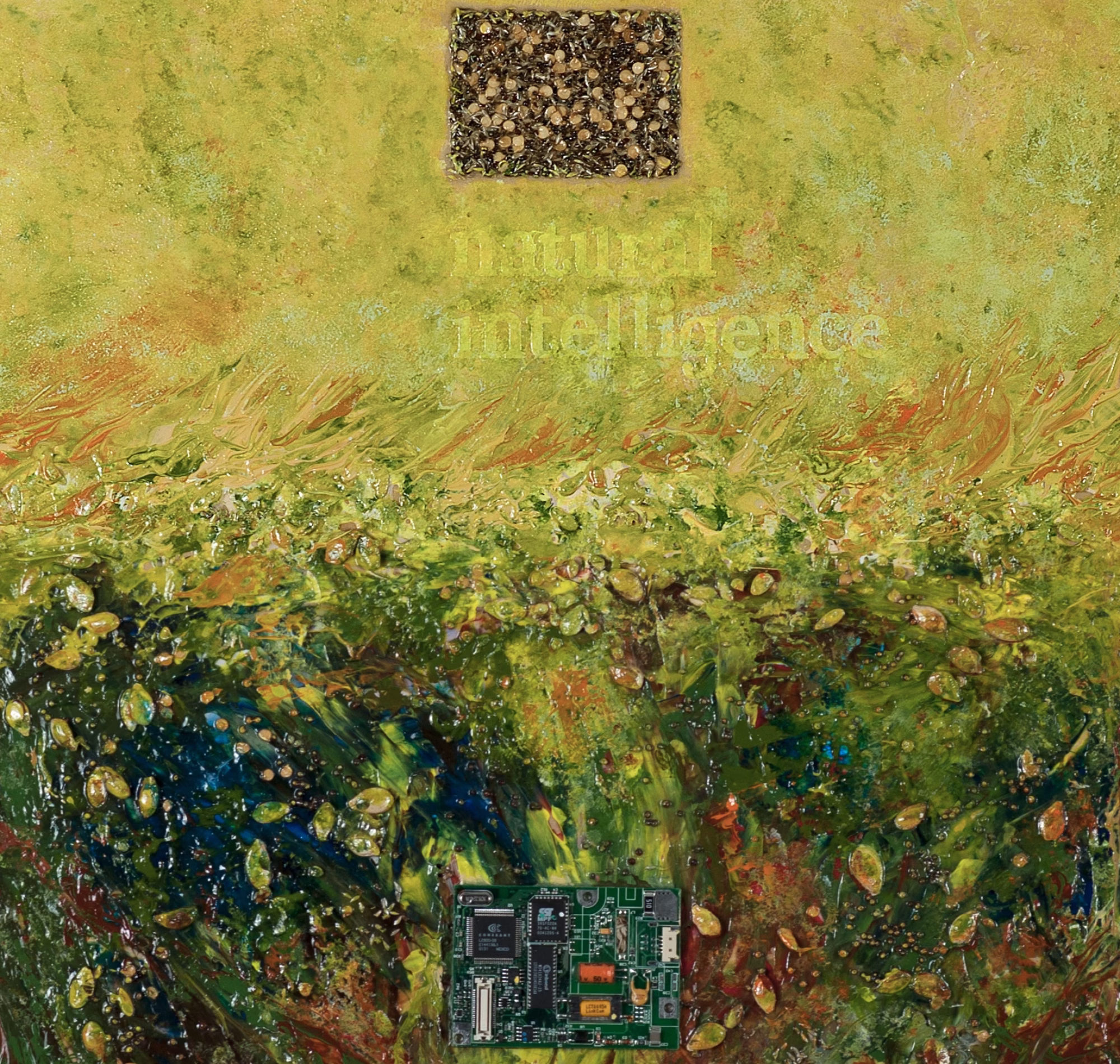 oil paintin gby artist robert gerson with seeds and microchips